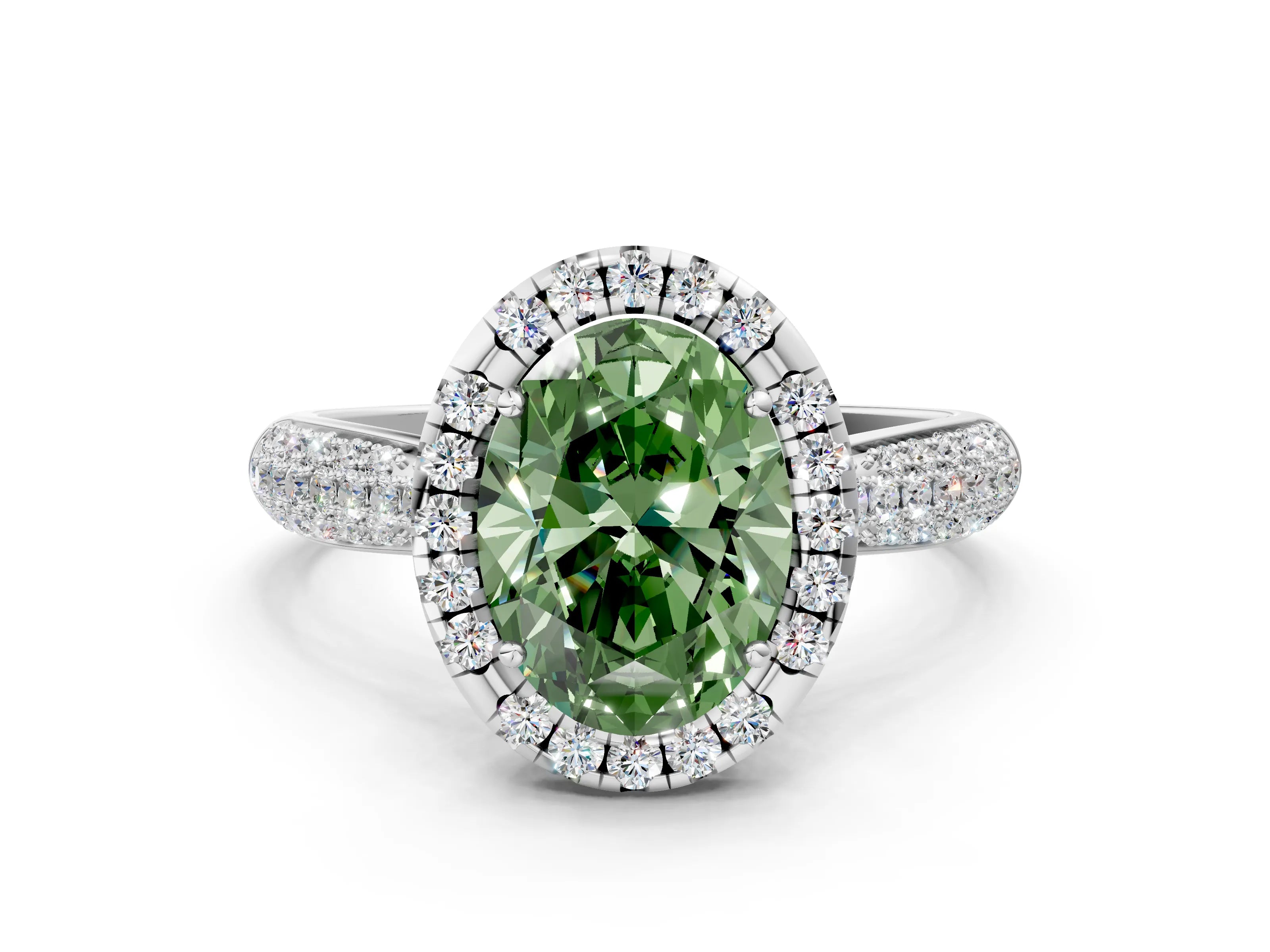 White gold Fancy Green Oval Cut Halo Diamond Ring with Pavé Band