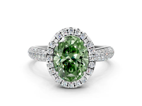 White gold Fancy Green Oval Cut Halo Diamond Ring with Pavé Band