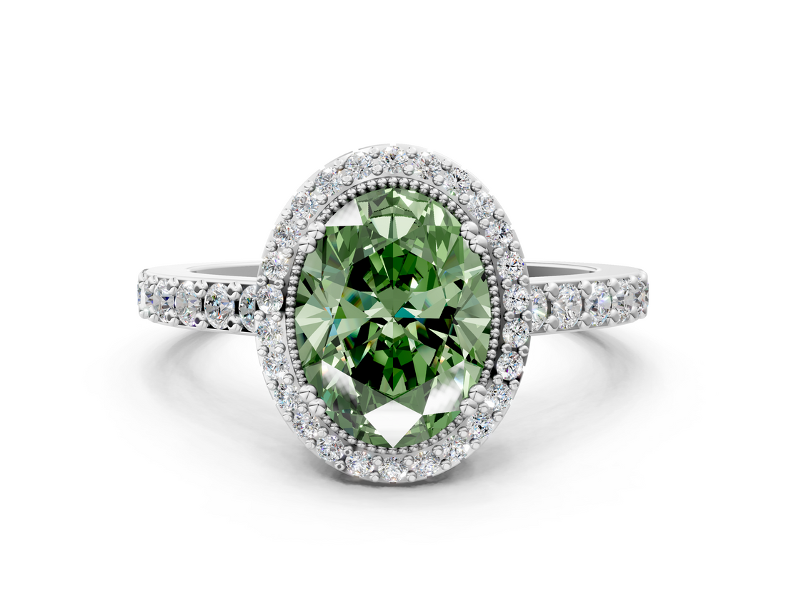White gold Fancy Green Oval  Cut Halo Diamond Ring with Pave Band and Four-Prong Setting_24