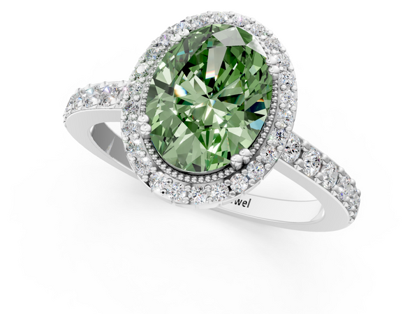 Platinum Fancy Green Oval  Cut Diamond Halo Engagement Ring with Milgrain Detail and Pavé Band
