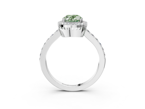 Platinum Fancy Green Oval  Cut Diamond Halo Engagement Ring with Milgrain Detail and Pavé Band
