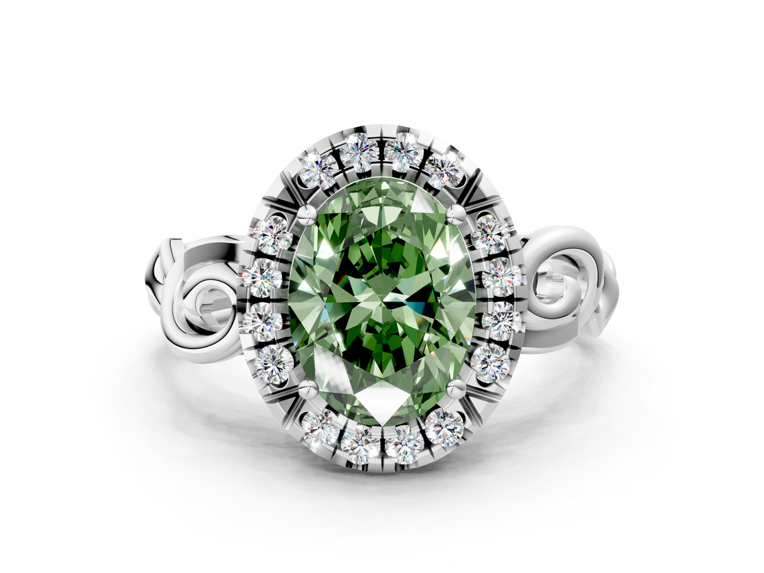 White gold Fancy Green Oval  Cut Halo Diamond Ring with Scrollwork Band and Four-Prong Setting_116