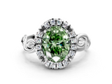 White gold Fancy Green Oval  Cut Halo Diamond Ring with Scrollwork Band and Four-Prong Setting_116