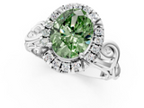 White gold Fancy Green Oval  Cut Halo Diamond Ring with Scrollwork Band and Four-Prong Setting_129