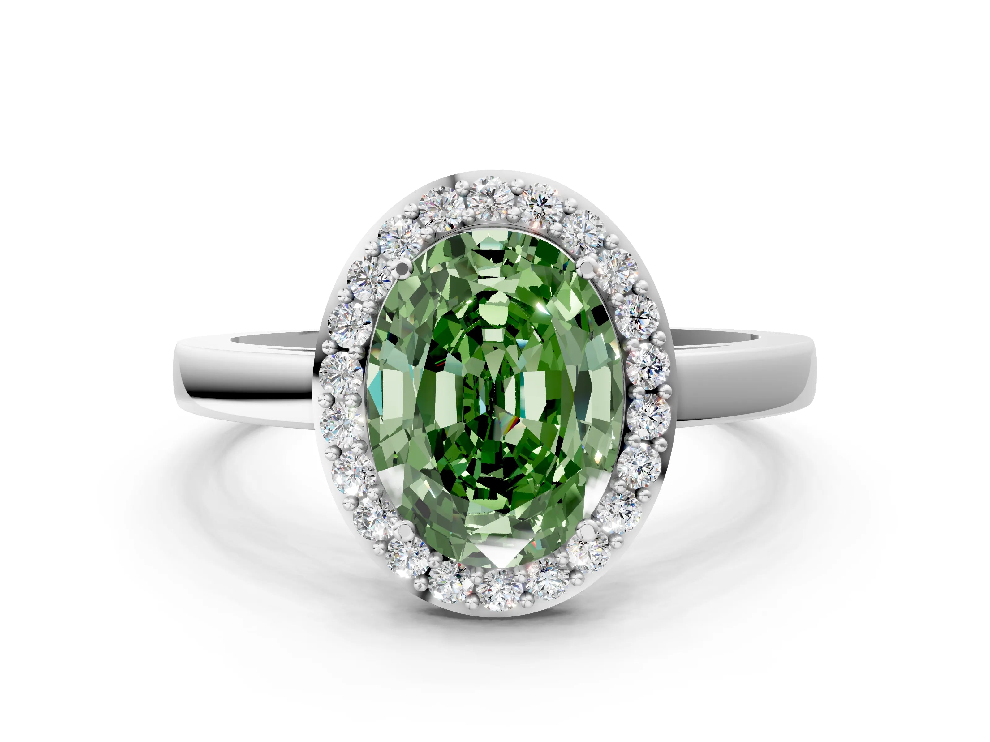 White gold Fancy Green Oval Cut Halo Diamond Ring with Solitaire Band and Prong Setting