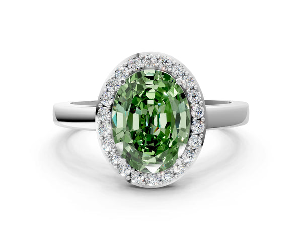 Platinum Fancy Green Oval Cut Halo Diamond Ring with Solitaire Band and Prong Setting