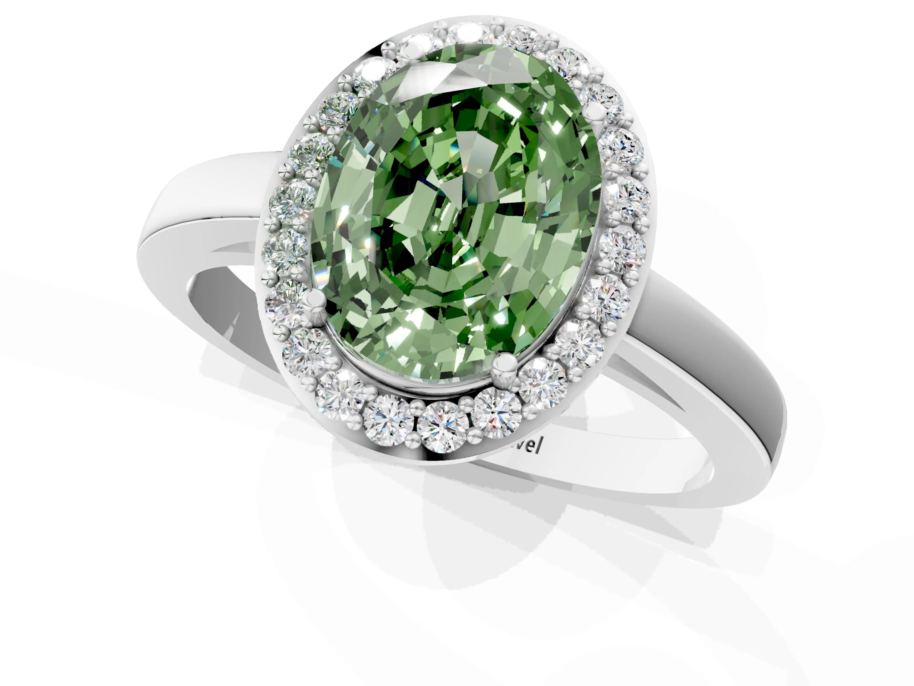 White gold Fancy Green Oval Cut Halo Diamond Ring with Solitaire Band and Prong Setting_1