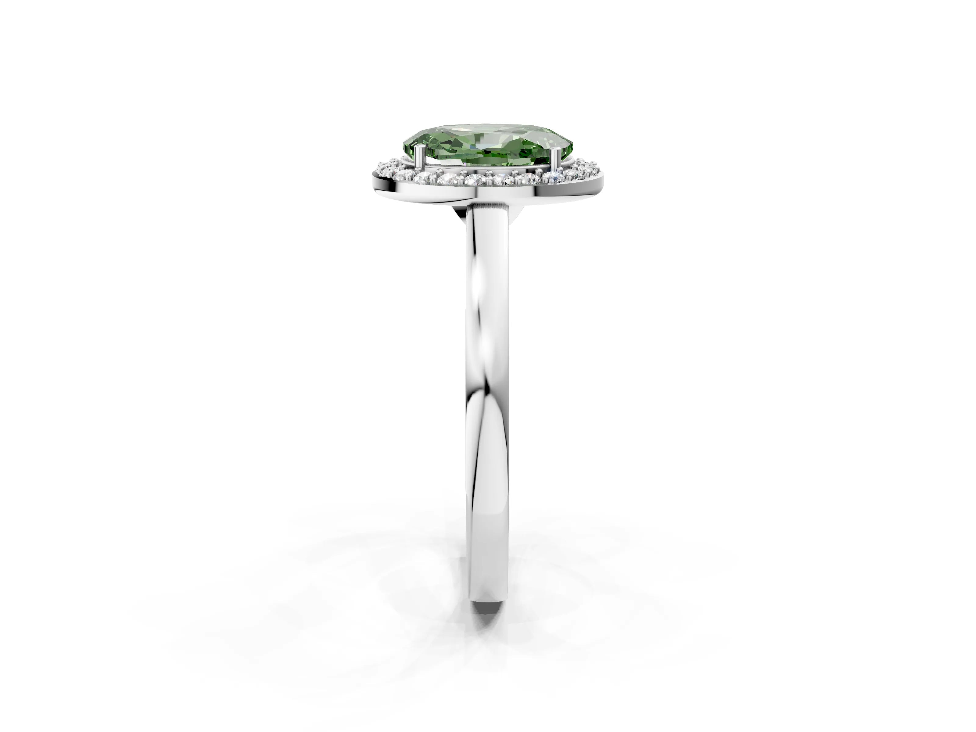 White gold Fancy Green Oval Cut Halo Diamond Ring with Solitaire Band and Prong Setting_2