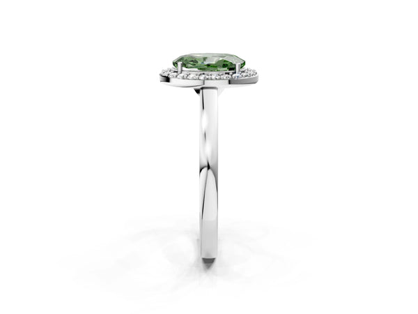 Platinum Fancy Green Oval Cut Halo Diamond Ring with Solitaire Band and Prong Setting