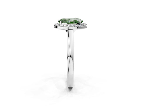 White gold Fancy Green Oval Cut Halo Diamond Ring with Solitaire Band and Prong Setting_2