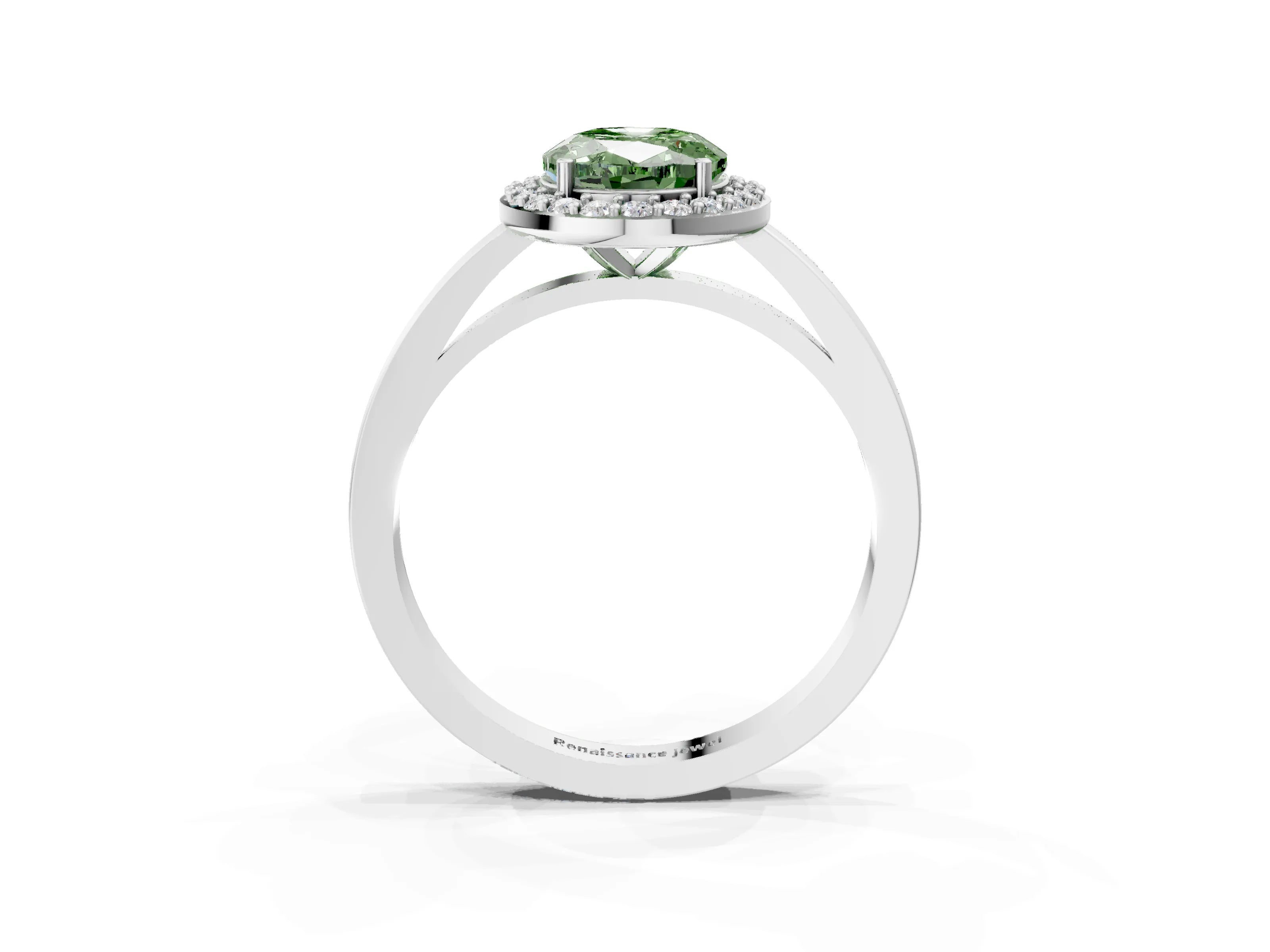 White gold Fancy Green Oval Cut Halo Diamond Ring with Solitaire Band and Prong Setting_3