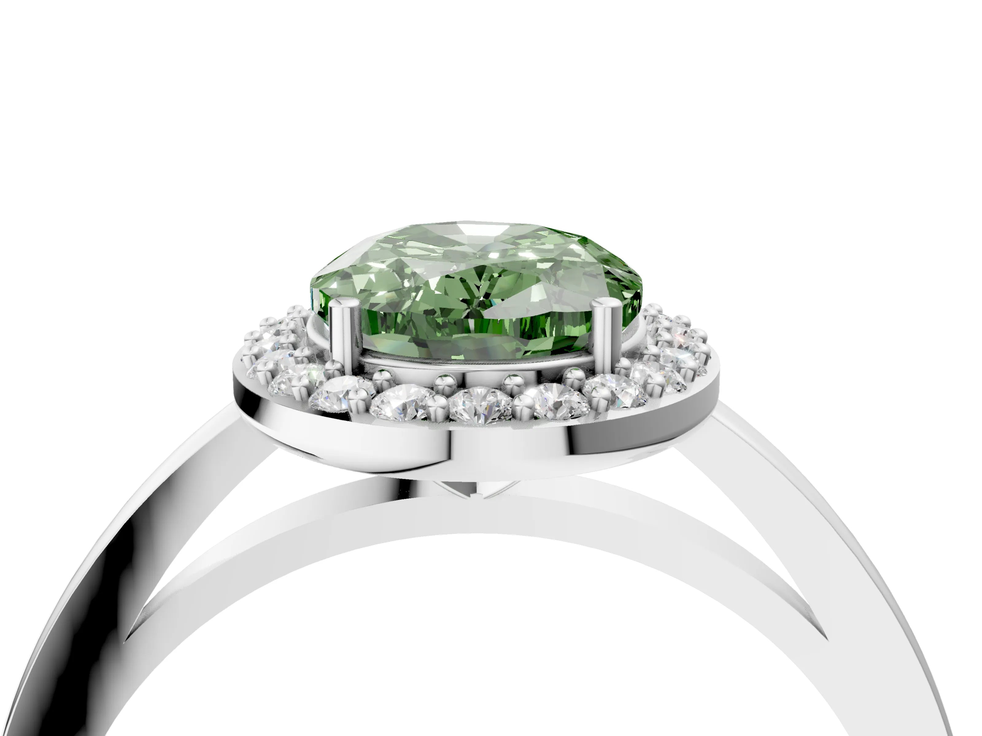 White gold Fancy Green Oval Cut Halo Diamond Ring with Solitaire Band and Prong Setting_4