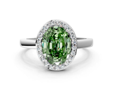 White gold Fancy Green Oval Cut Halo Diamond Ring with Solitaire Band and Prong Setting