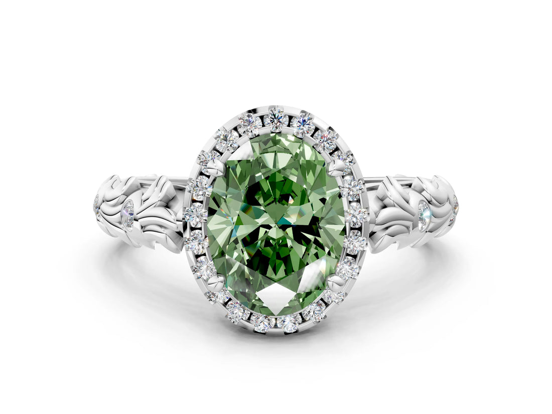 White gold Fancy Green Oval Cut Halo Diamond Solitaire with Filigree Band and Four-Prong Setting_12