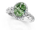 White gold Fancy Green Oval Cut Halo Diamond Solitaire with Filigree Band and Four-Prong Setting_13