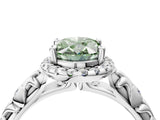 White gold Fancy Green Oval Cut Halo Diamond Solitaire with Filigree Band and Four-Prong Setting_16