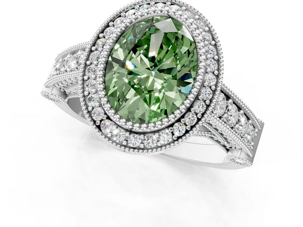 White Gold Oval Vintage Bezel Halo Engagement Ring Setting for Fancy Green Center