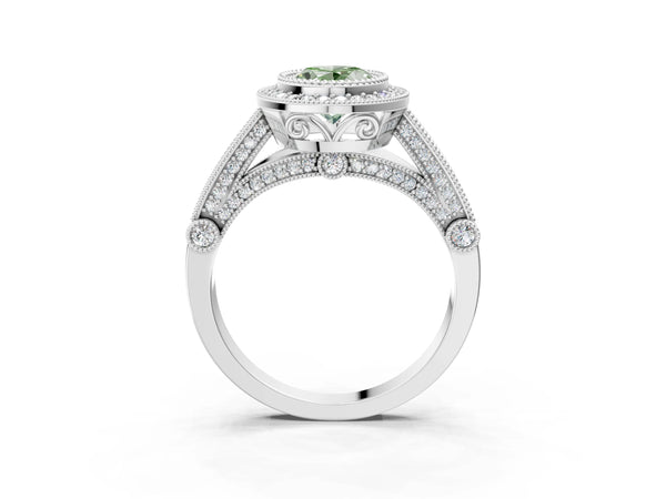 White Gold Oval Vintage Bezel Halo Engagement Ring Setting for Fancy Green Center