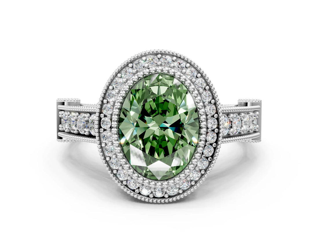 White gold Fancy Green Oval Cut Halo Diamond Split Shank Pave Ring