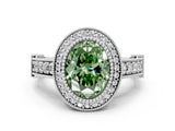 White gold Fancy Green Oval Cut Halo Diamond Split Shank Pave Ring