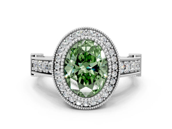 White Gold Oval Vintage Bezel Halo Engagement Ring Setting for Fancy Green Center