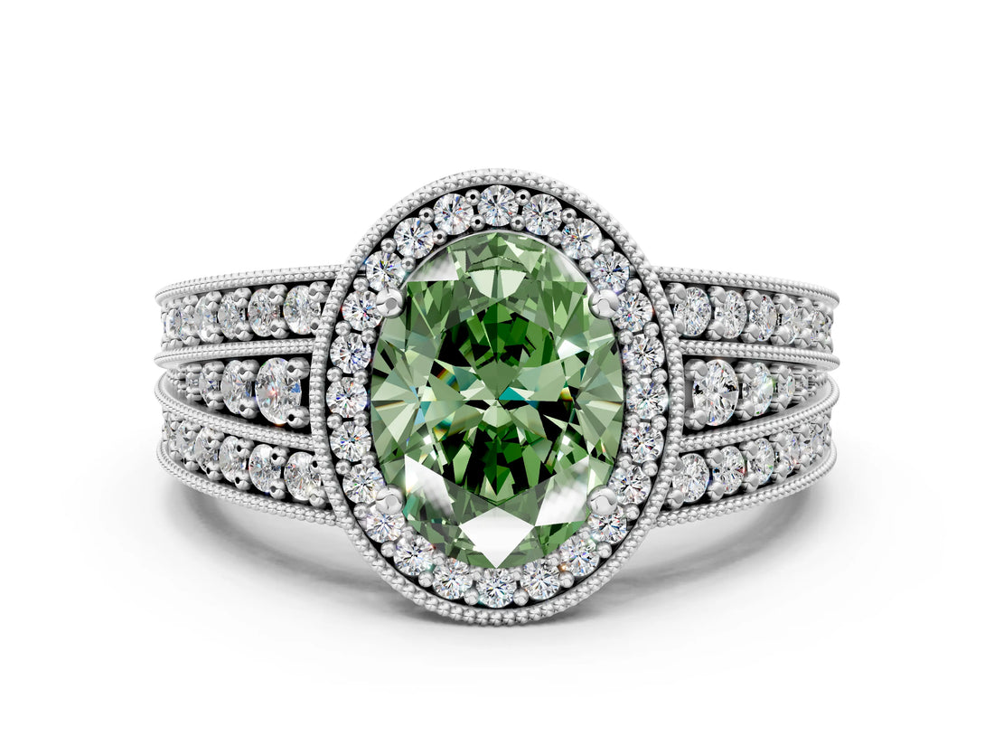 White gold Fancy Green Oval Cut Halo Diamond Split Shank Ring with Prong Setting