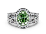 White gold Fancy Green Oval Cut Halo Diamond Split Shank Ring with Prong Setting