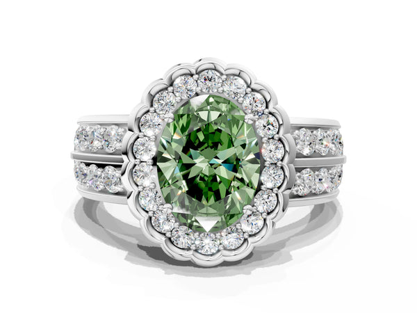 White gold Fancy Green Oval Cut Halo Diamond Split Shank Ring with Scalloped Prong Setting