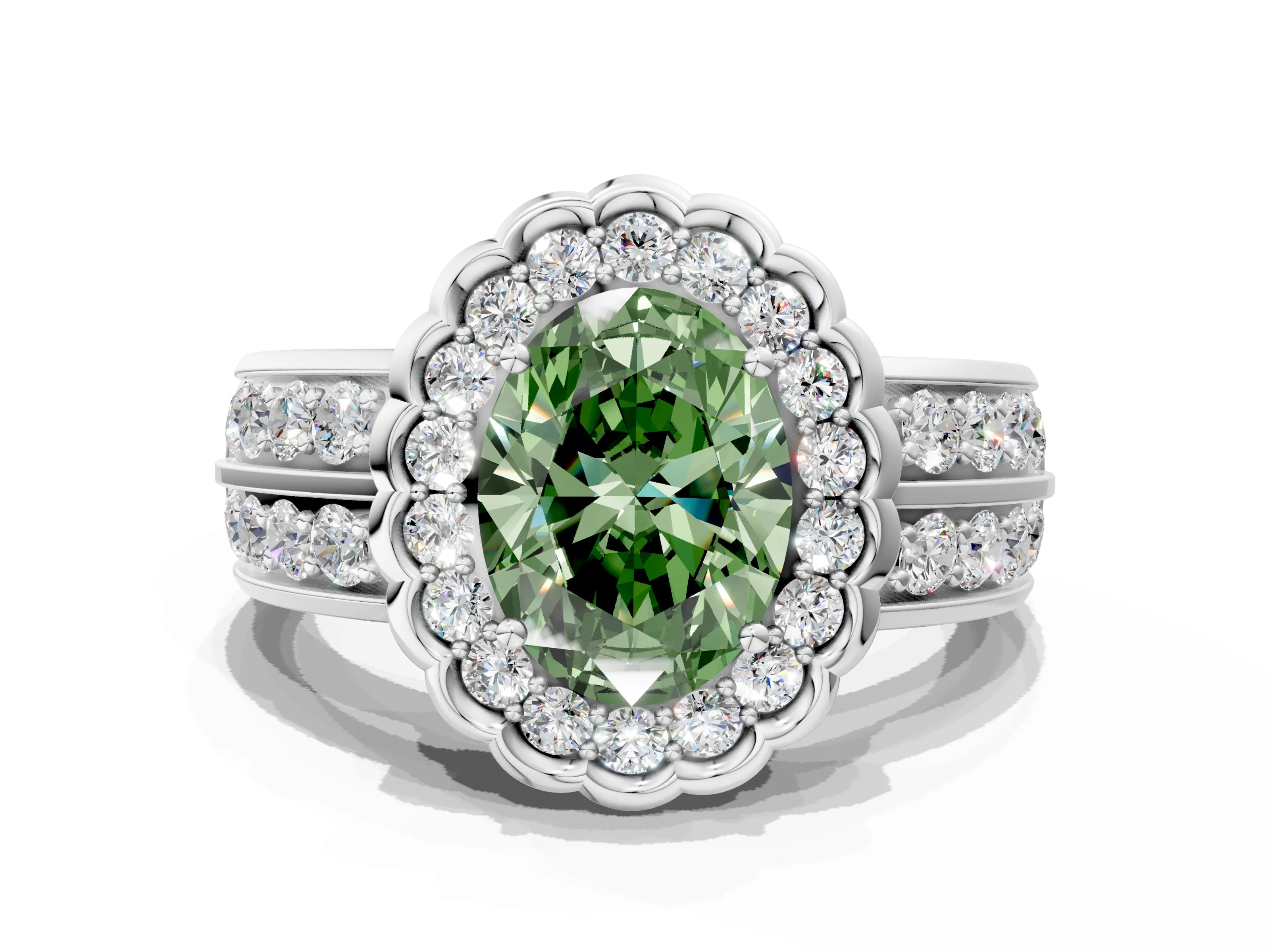 White gold Fancy Green Oval Cut Halo Diamond Split Shank Ring with Scalloped Prong Setting_12