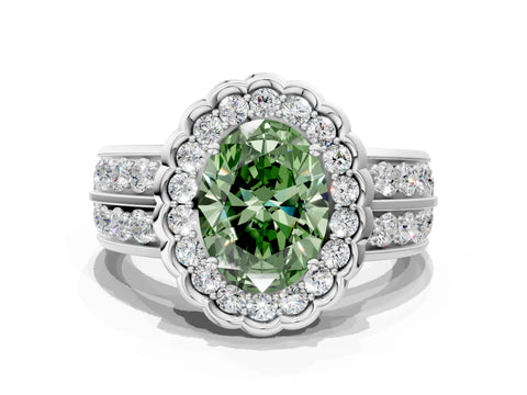 White gold Fancy Green Oval Cut Halo Diamond Split Shank Ring with Scalloped Prong Setting_12