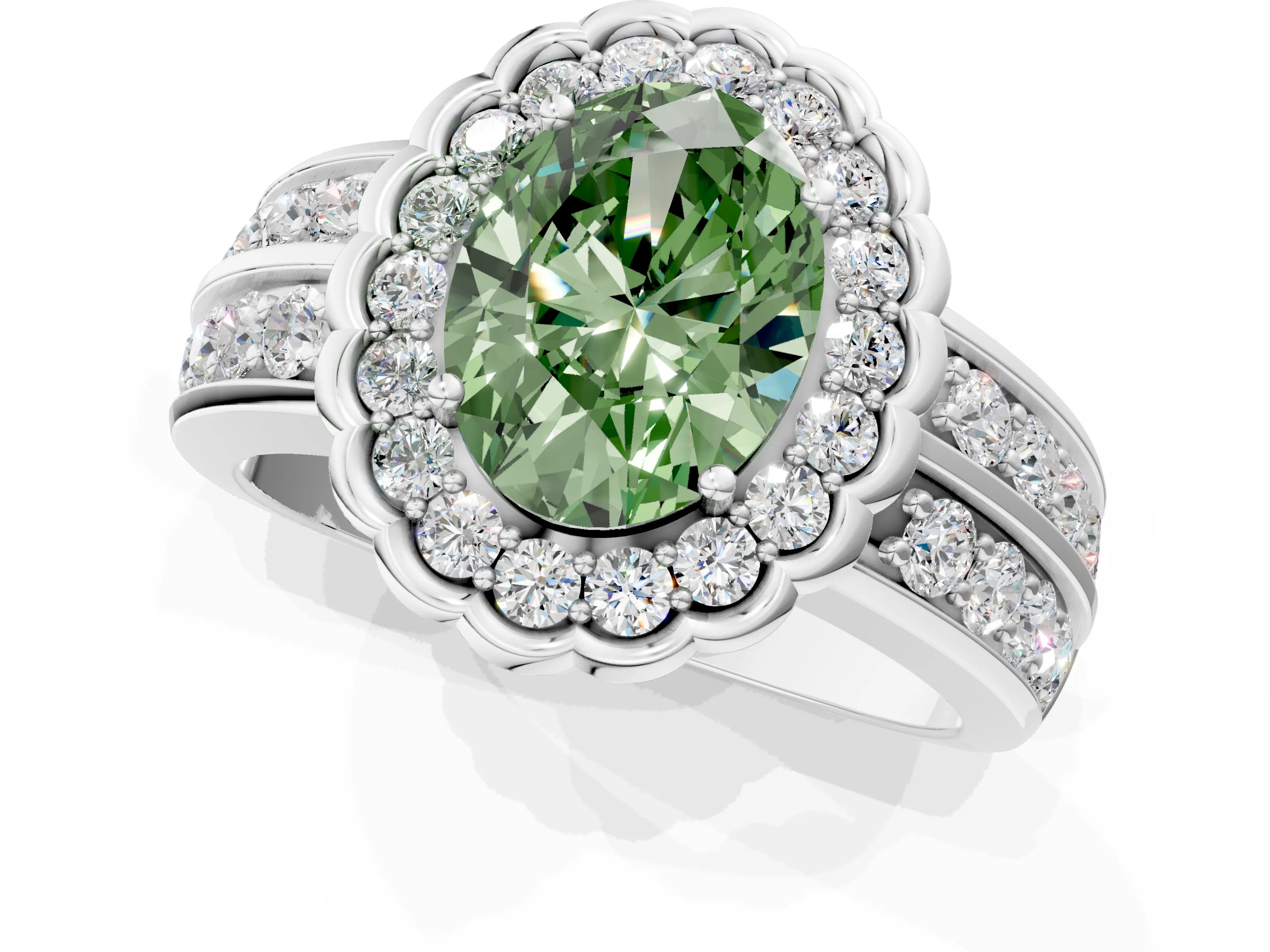 White gold Fancy Green Oval Cut Halo Diamond Split Shank Ring with Scalloped Prong Setting_13