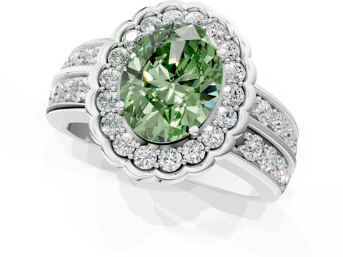 White gold Fancy Green Oval Cut Halo Diamond Split Shank Ring with Scalloped Prong Setting_13