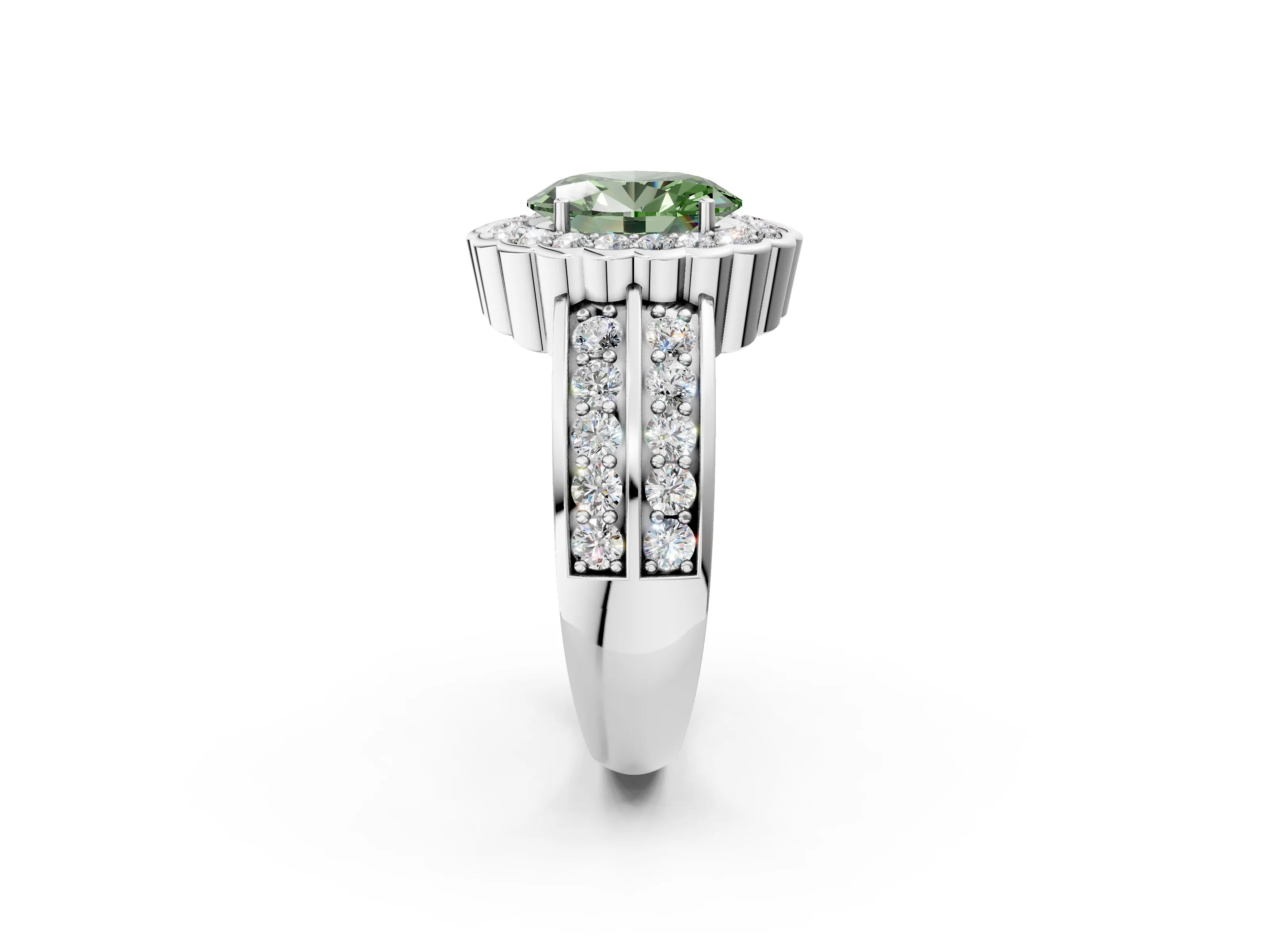 White gold Fancy Green Oval Cut Halo Diamond Split Shank Ring with Scalloped Prong Setting_14