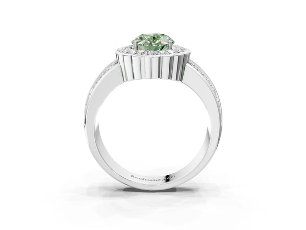 White gold Fancy Green Oval Cut Halo Diamond Split Shank Ring with Scalloped Prong Setting