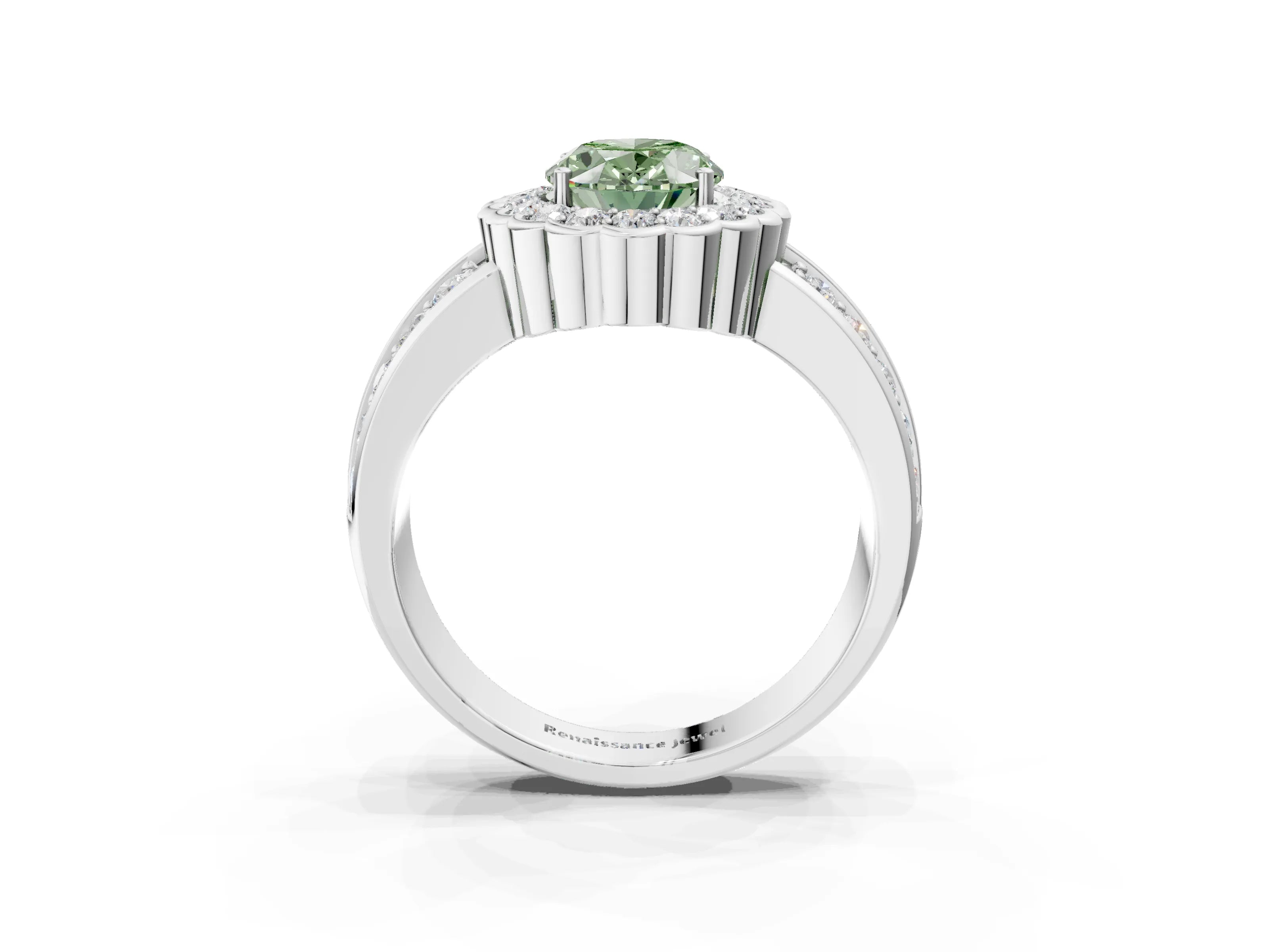 White gold Fancy Green Oval Cut Halo Diamond Split Shank Ring with Scalloped Prong Setting_15