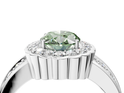 White gold Fancy Green Oval Cut Halo Diamond Split Shank Ring with Scalloped Prong Setting_16
