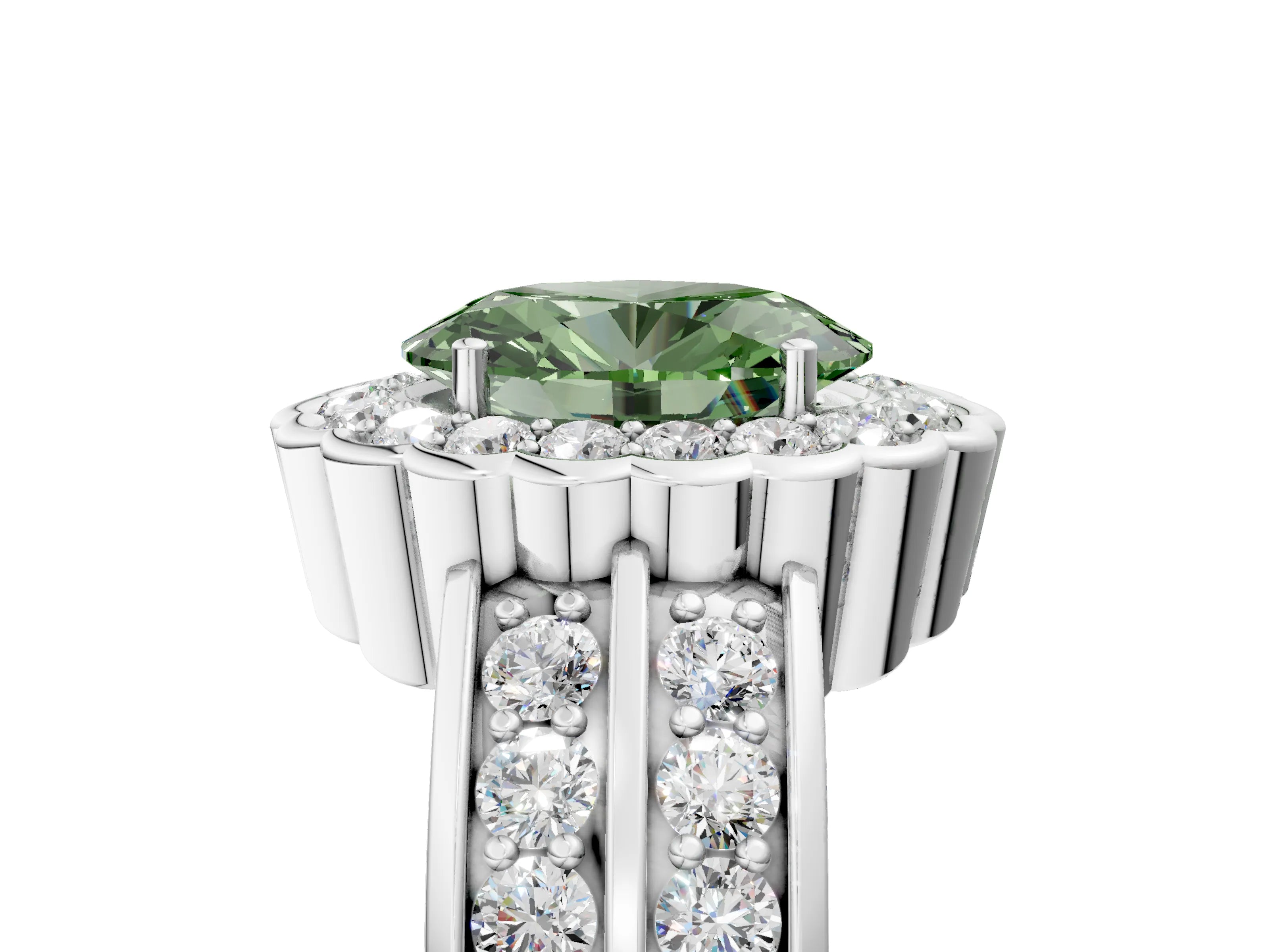 White gold Fancy Green Oval Cut Halo Diamond Split Shank Ring with Scalloped Prong Setting_17