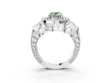 White gold Fancy Green Oval Cut Halo Milgrain Diamond Engagement Ring with Leaf Band and Four-Prong Setting_3
