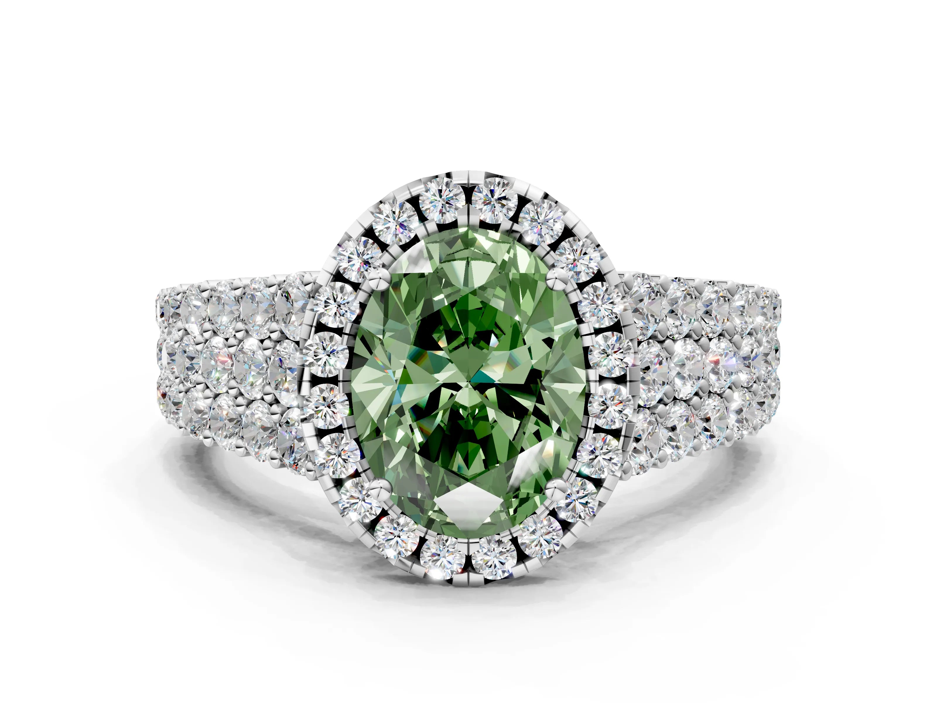 White gold Fancy Green Oval Cut Halo Pavé Diamond Engagement Ring with Split Shank and Four-Prong Setting_3