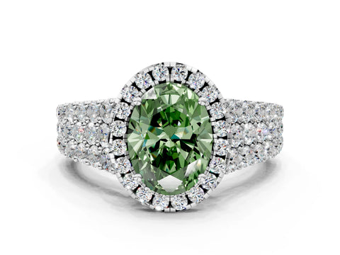 White gold Fancy Green Oval Cut Halo Pavé Diamond Engagement Ring with Split Shank and Four-Prong Setting_3