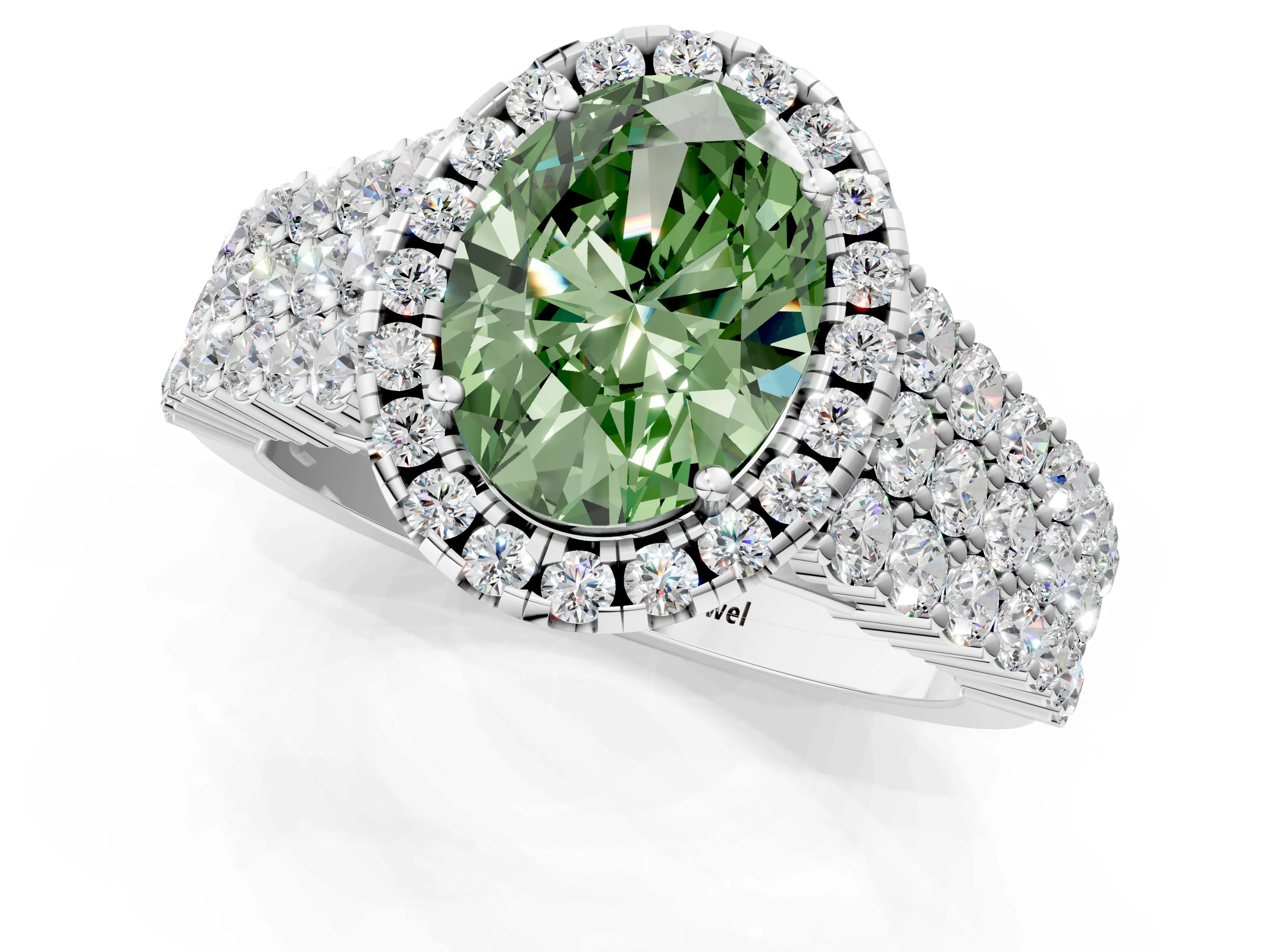 White gold Fancy Green Oval Cut Halo Pavé Diamond Engagement Ring with Split Shank and Four-Prong Setting_4