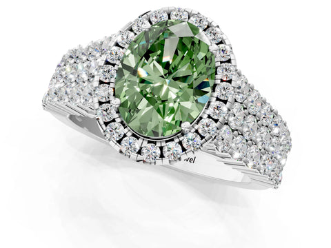White gold Fancy Green Oval Cut Halo Pavé Diamond Engagement Ring with Split Shank and Four-Prong Setting_4
