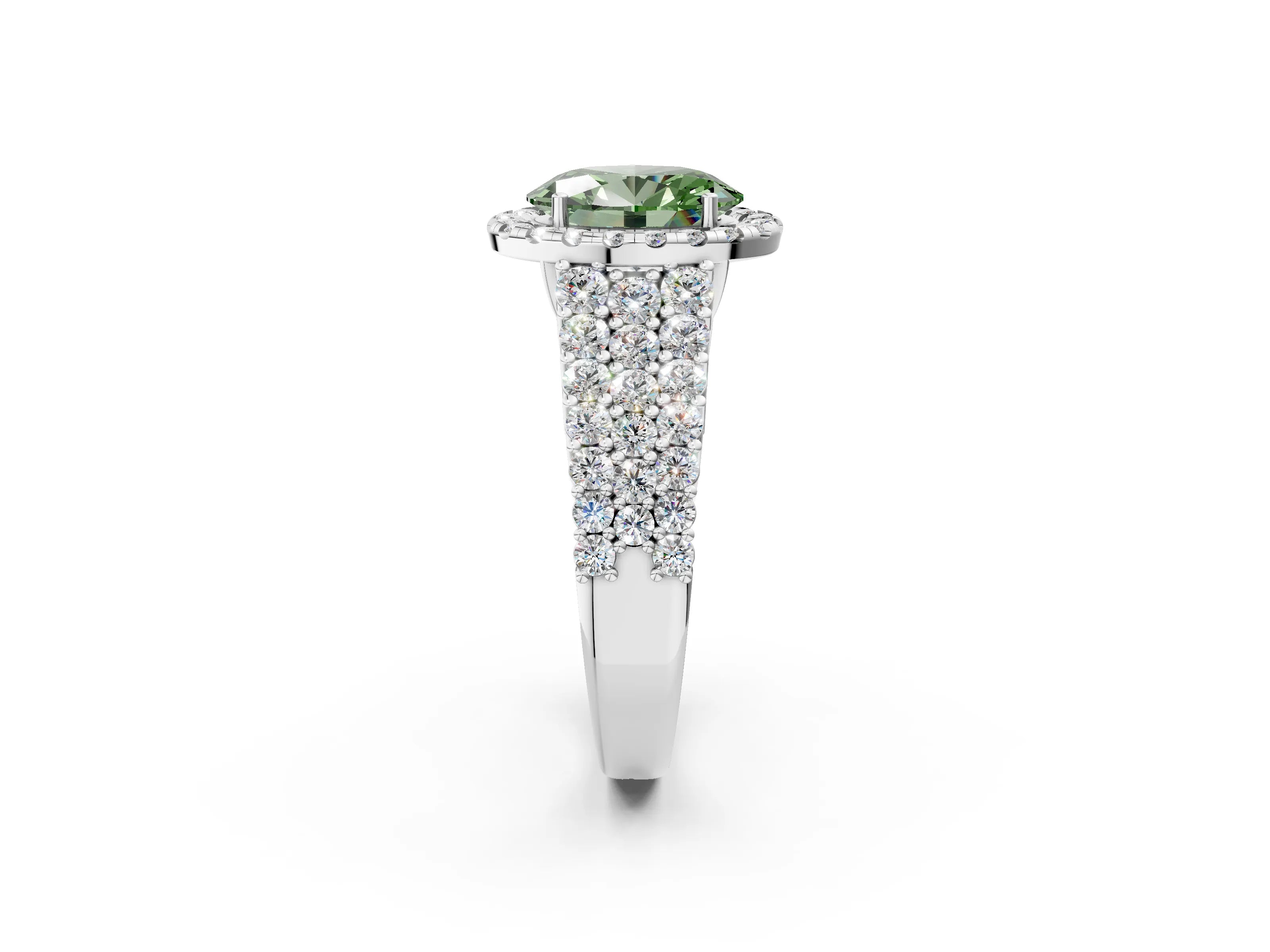 White gold Fancy Green Oval Cut Halo Pavé Diamond Engagement Ring with Split Shank and Four-Prong Setting_5