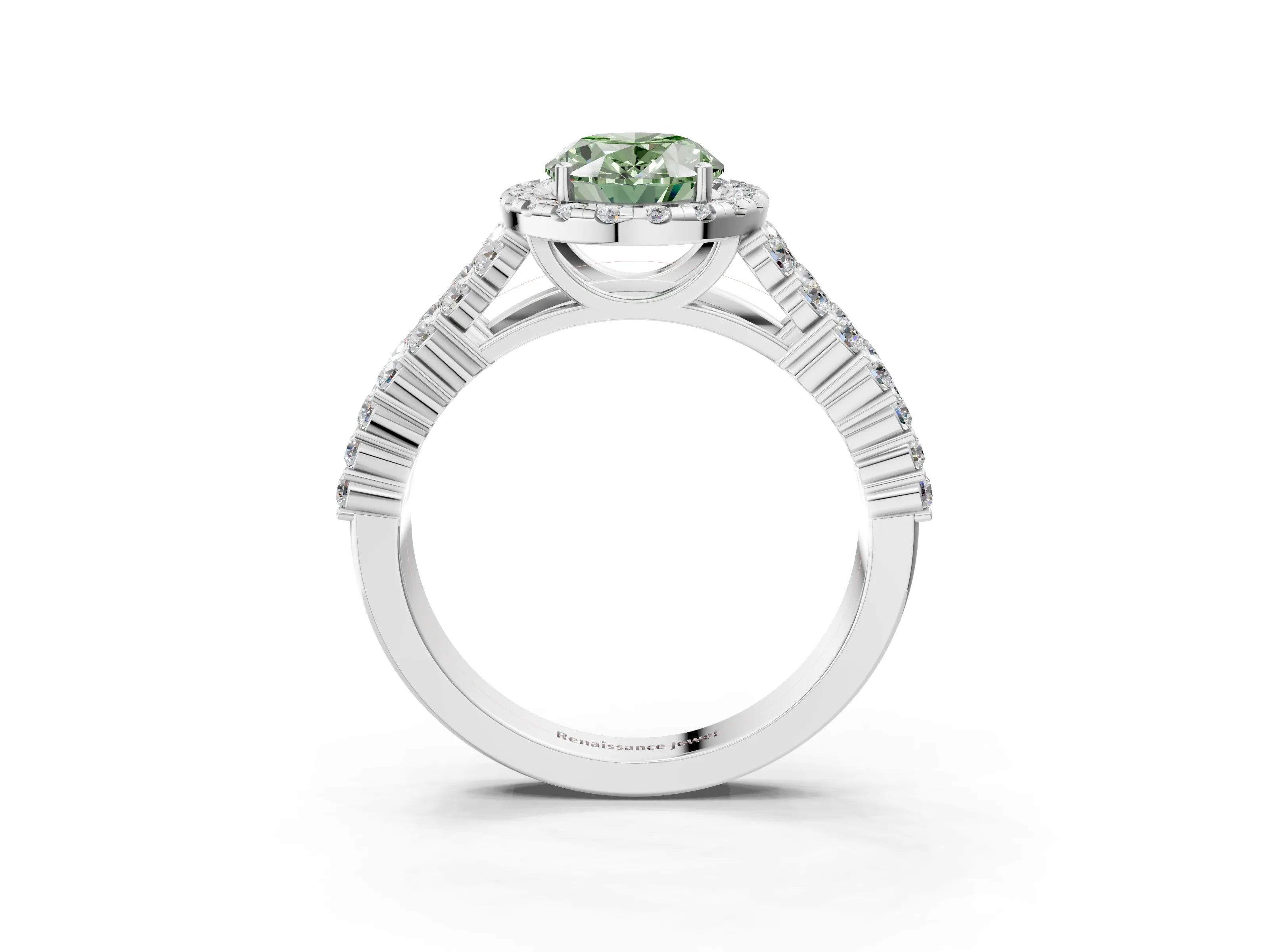 White gold Fancy Green Oval Cut Halo Pavé Diamond Engagement Ring with Split Shank and Four-Prong Setting_6