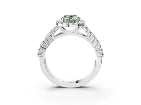 White gold Fancy Green Oval Cut Halo Pavé Diamond Engagement Ring with Split Shank and Four-Prong Setting_6