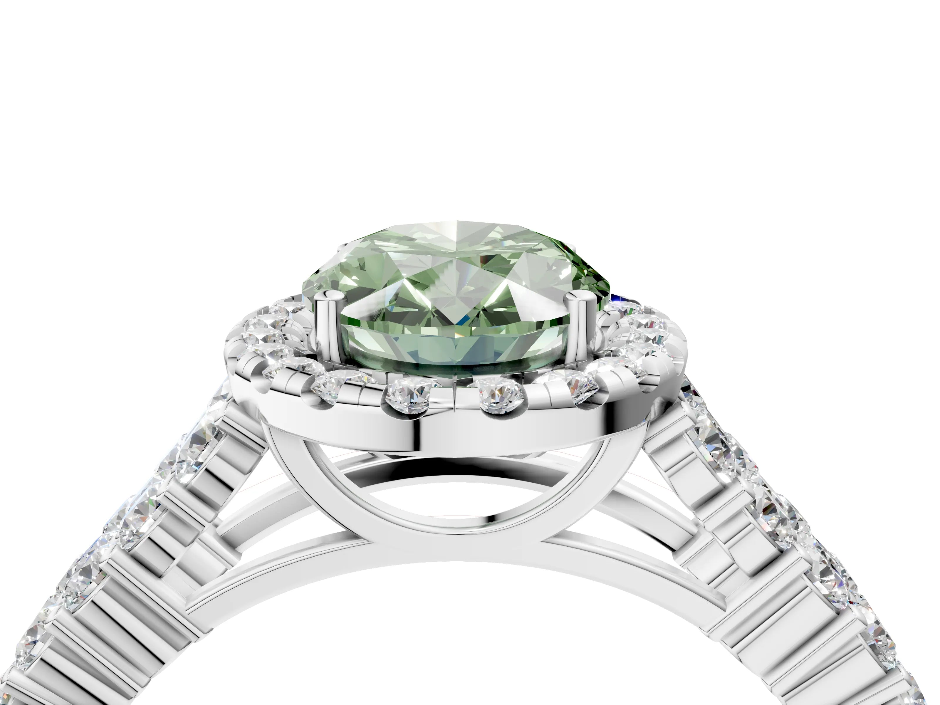 White gold Fancy Green Oval Cut Halo Pavé Diamond Engagement Ring with Split Shank and Four-Prong Setting_7
