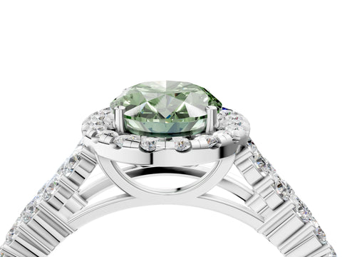 White gold Fancy Green Oval Cut Halo Pavé Diamond Engagement Ring with Split Shank and Four-Prong Setting_7