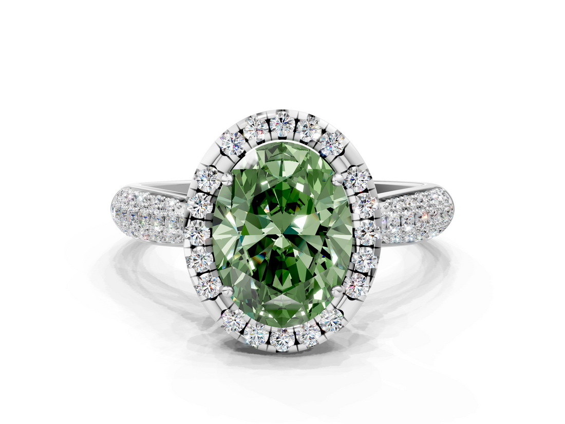 White gold Fancy Green Oval  Cut Halo Pave Band Four-Prong Setting Ring_37