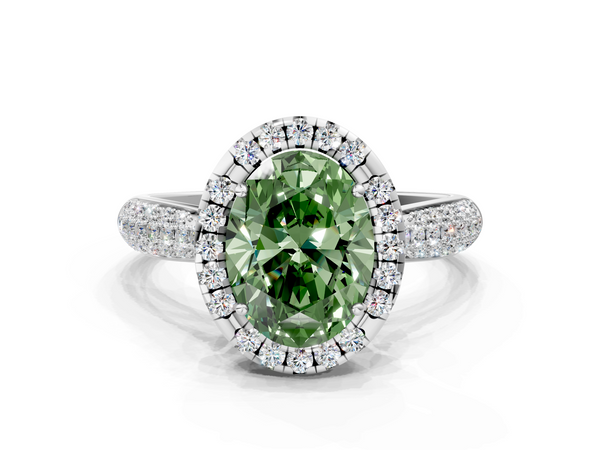 White gold Fancy Green Oval  Cut Halo Pave Band Four-Prong Setting Ring
