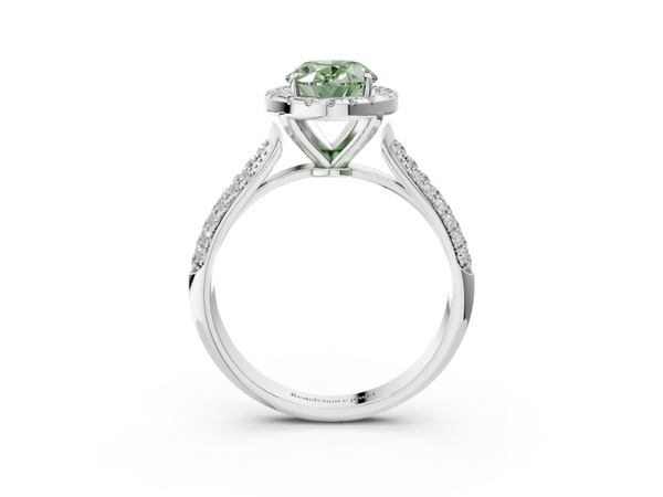 White gold Fancy Green Oval  Cut Halo Pave Band Four-Prong Setting Ring